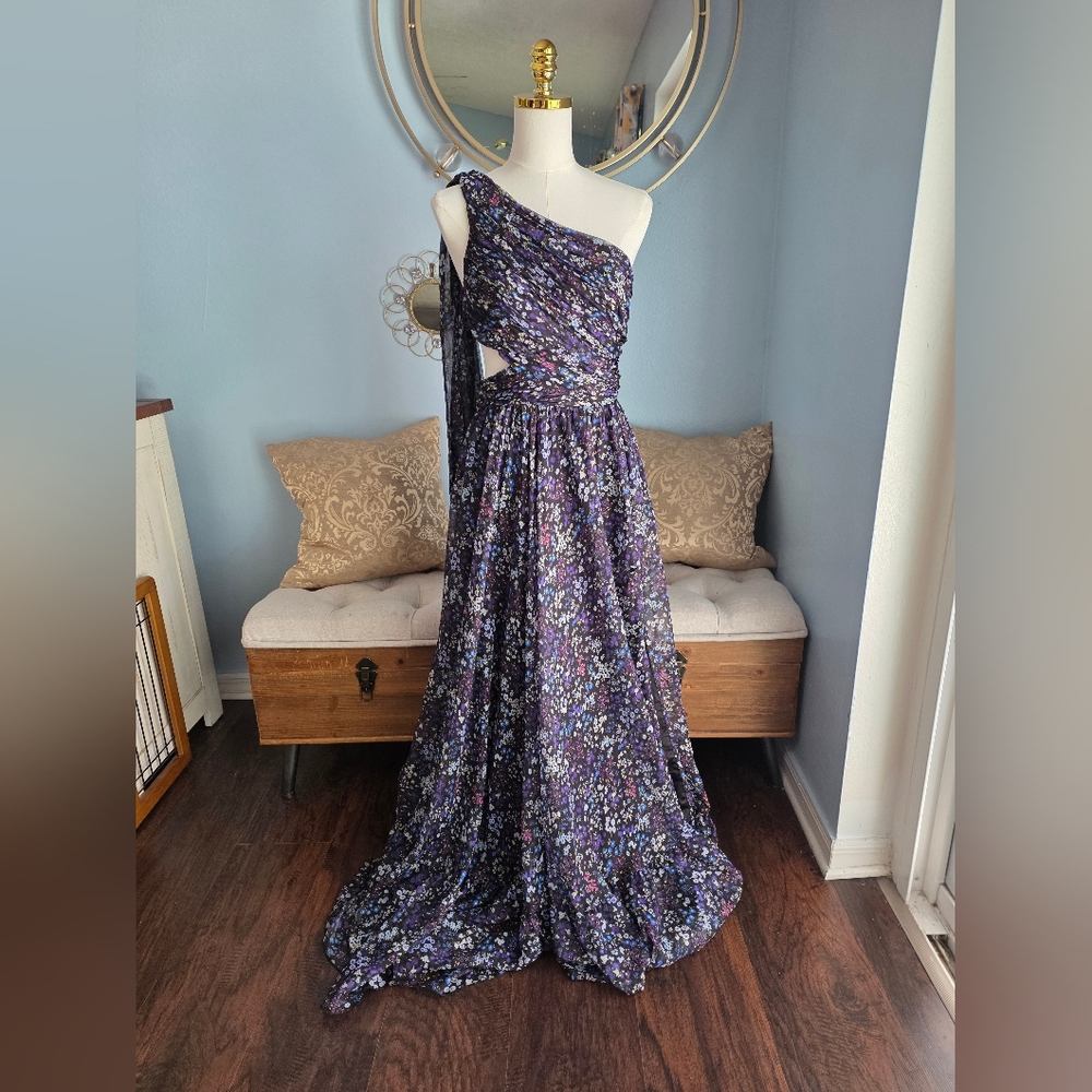 Mac Duggal One-Shoulder Floral Gown in Purple and Blue